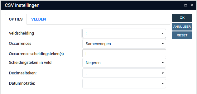 screenshot instellingen CSV-export in Axiell Collections